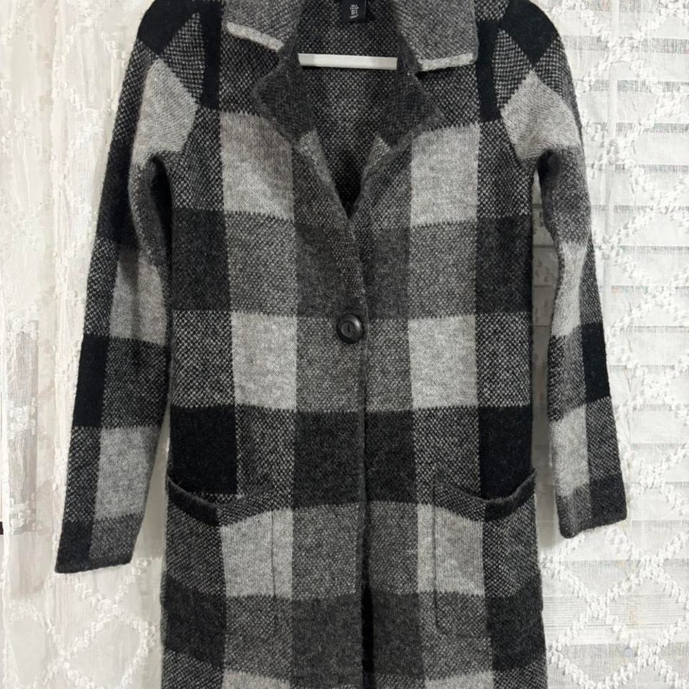 Adrienne Vittadini Womens Grey Black Buffalo Plaid Longline Cardigan Small